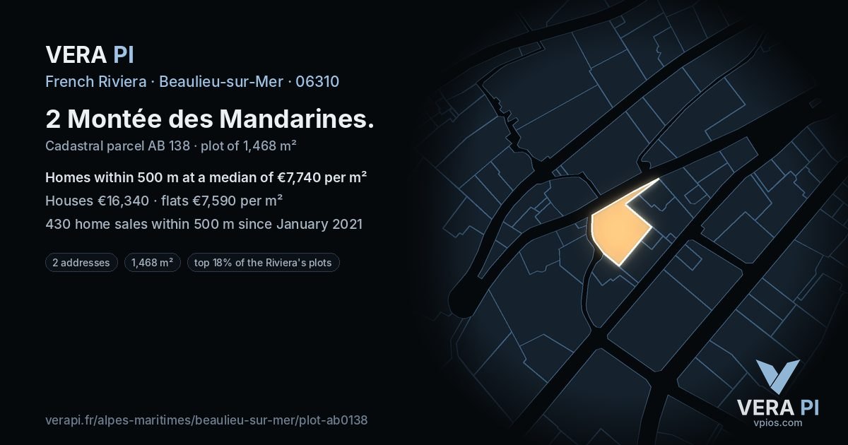 2 Montée des Mandarines, Beaulieu-sur-Mer at night – the plot lit, the parcels around coloured by the prices near them