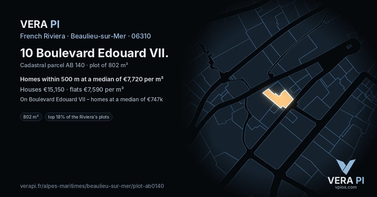 10 Boulevard Edouard VII, Beaulieu-sur-Mer at night – the plot lit, the parcels around coloured by the prices near them