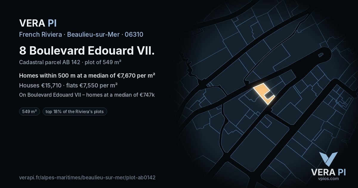 8 Boulevard Edouard VII, Beaulieu-sur-Mer at night – the plot lit, the parcels around coloured by the prices near them