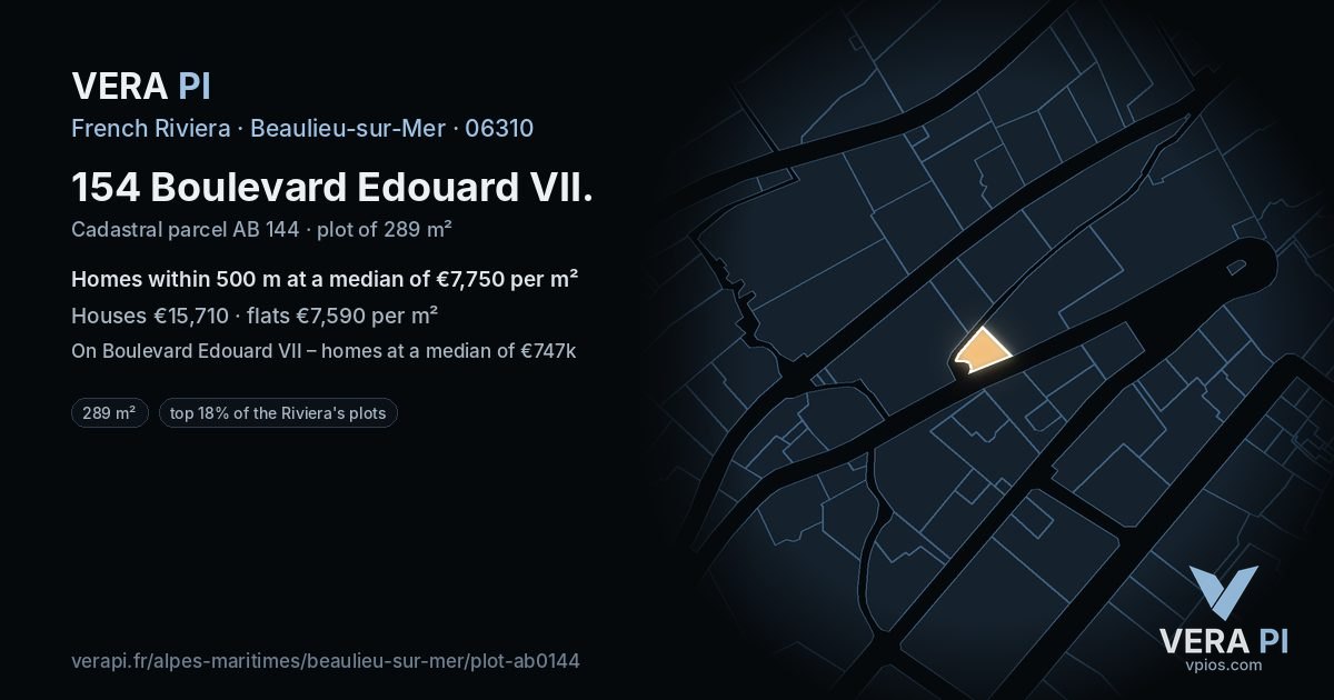 154 Boulevard Edouard VII, Beaulieu-sur-Mer at night – the plot lit, the parcels around coloured by the prices near them