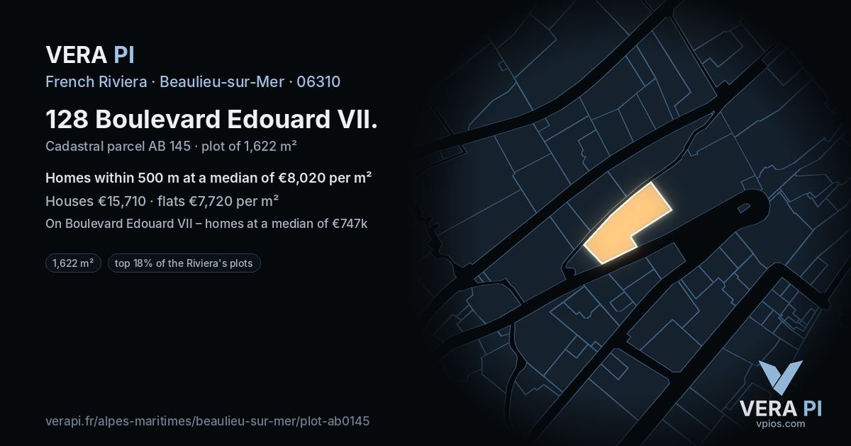128 Boulevard Edouard VII, Beaulieu-sur-Mer at night – the plot lit, the parcels around coloured by the prices near them