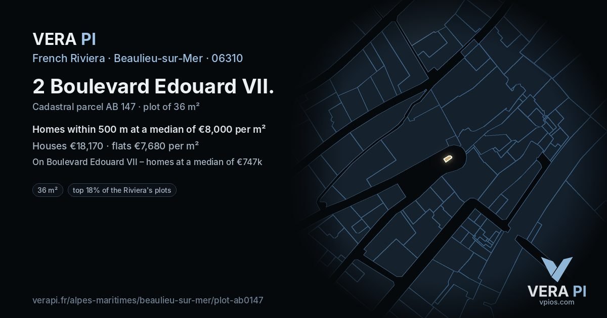 2 Boulevard Edouard VII, Beaulieu-sur-Mer at night – the plot lit, the parcels around coloured by the prices near them
