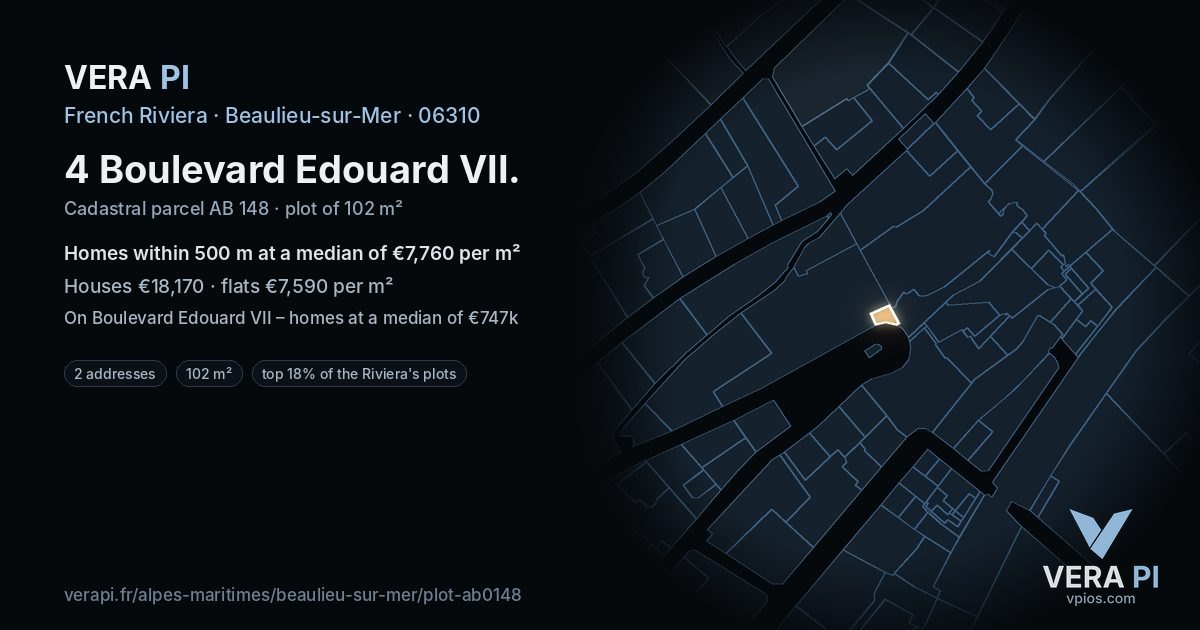 4 Boulevard Edouard VII, Beaulieu-sur-Mer at night – the plot lit, the parcels around coloured by the prices near them