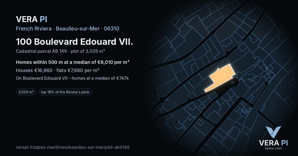 100 Boulevard Edouard VII, Beaulieu-sur-Mer at night – the plot lit, the parcels around coloured by the prices near them