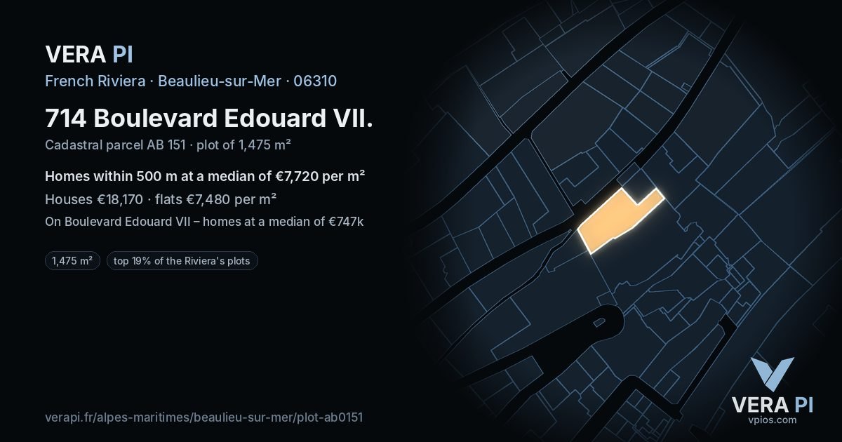 714 Boulevard Edouard VII, Beaulieu-sur-Mer at night – the plot lit, the parcels around coloured by the prices near them