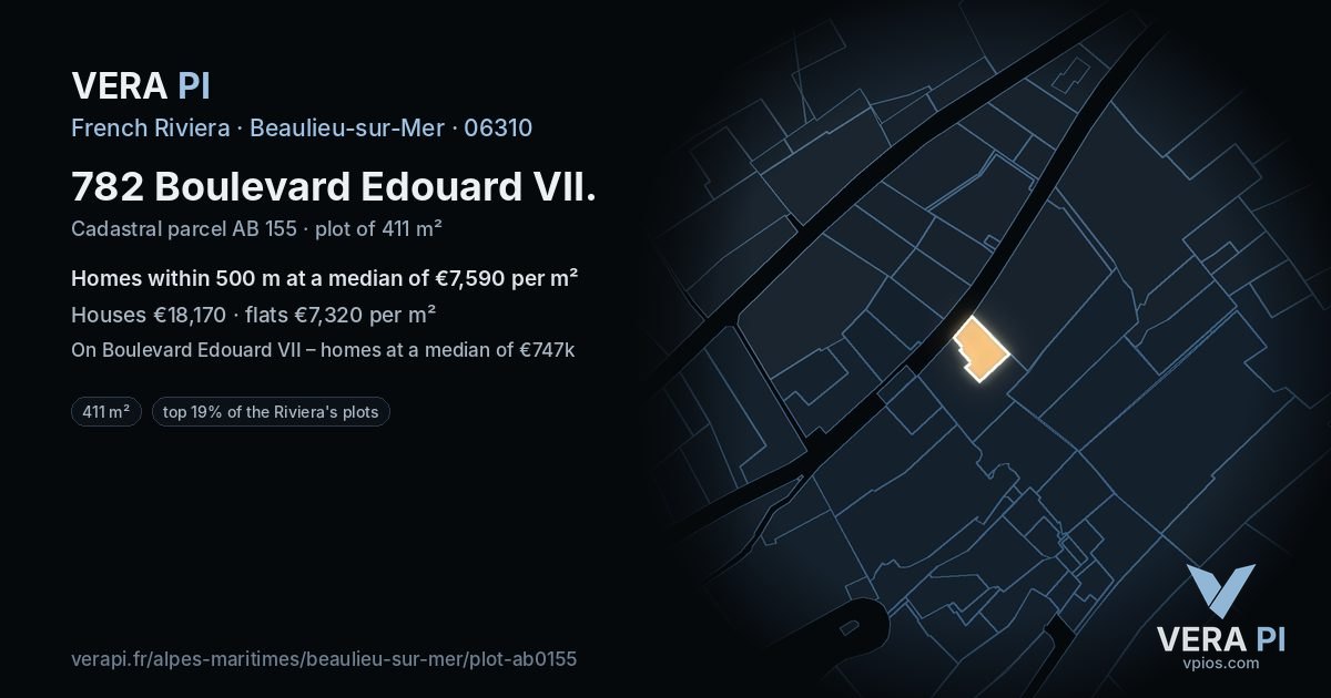 782 Boulevard Edouard VII, Beaulieu-sur-Mer at night – the plot lit, the parcels around coloured by the prices near them