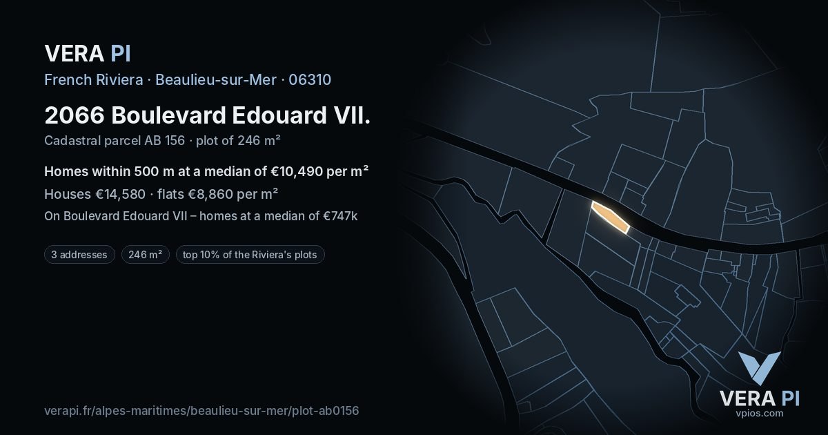 2066 Boulevard Edouard VII, Beaulieu-sur-Mer at night – the plot lit, the parcels around coloured by the prices near them