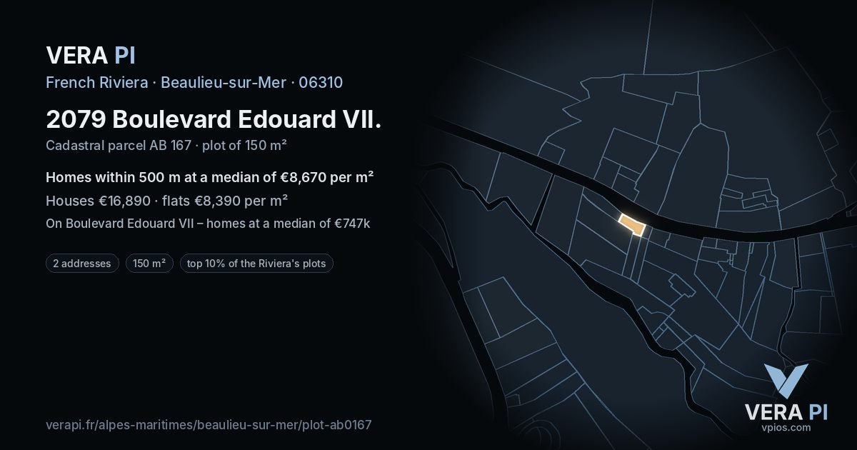 2079 Boulevard Edouard VII, Beaulieu-sur-Mer at night – the plot lit, the parcels around coloured by the prices near them