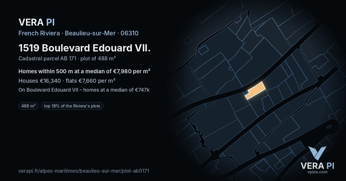 1519 Boulevard Edouard VII, Beaulieu-sur-Mer at night – the plot lit, the parcels around coloured by the prices near them