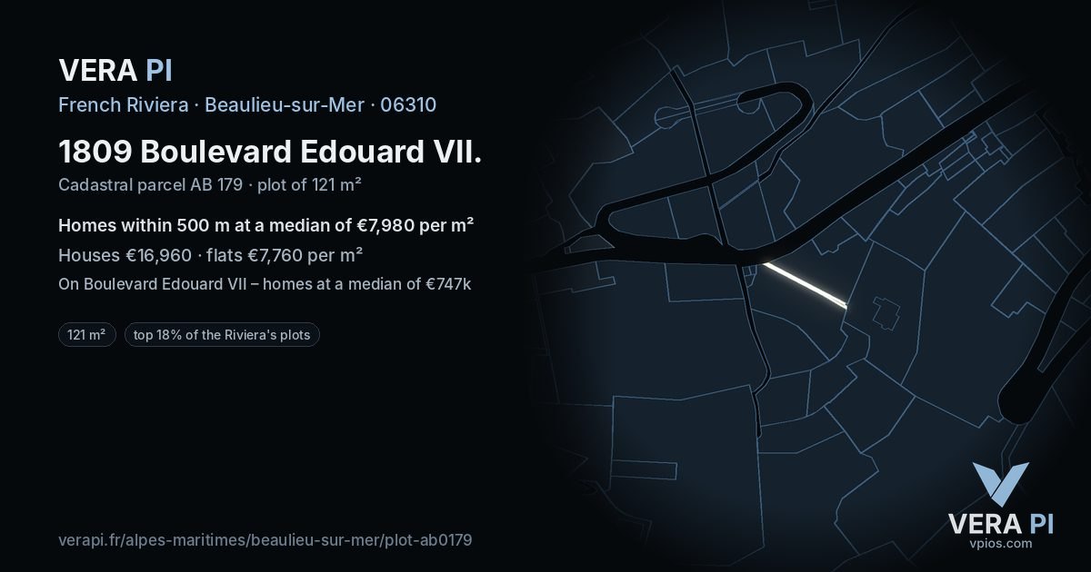 1809 Boulevard Edouard VII, Beaulieu-sur-Mer at night – the plot lit, the parcels around coloured by the prices near them