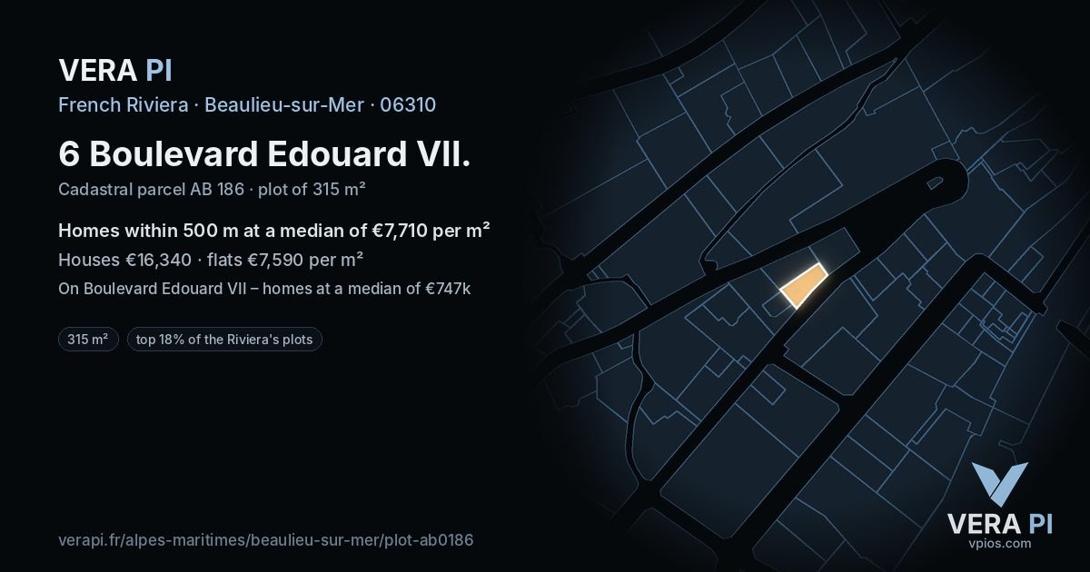 6 Boulevard Edouard VII, Beaulieu-sur-Mer at night – the plot lit, the parcels around coloured by the prices near them