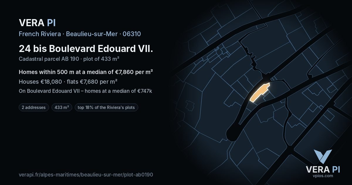 24 bis Boulevard Edouard VII, Beaulieu-sur-Mer at night – the plot lit, the parcels around coloured by the prices near them