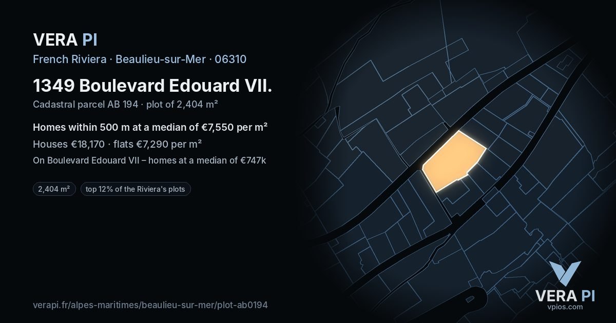 1349 Boulevard Edouard VII, Beaulieu-sur-Mer at night – the plot lit, the parcels around coloured by the prices near them