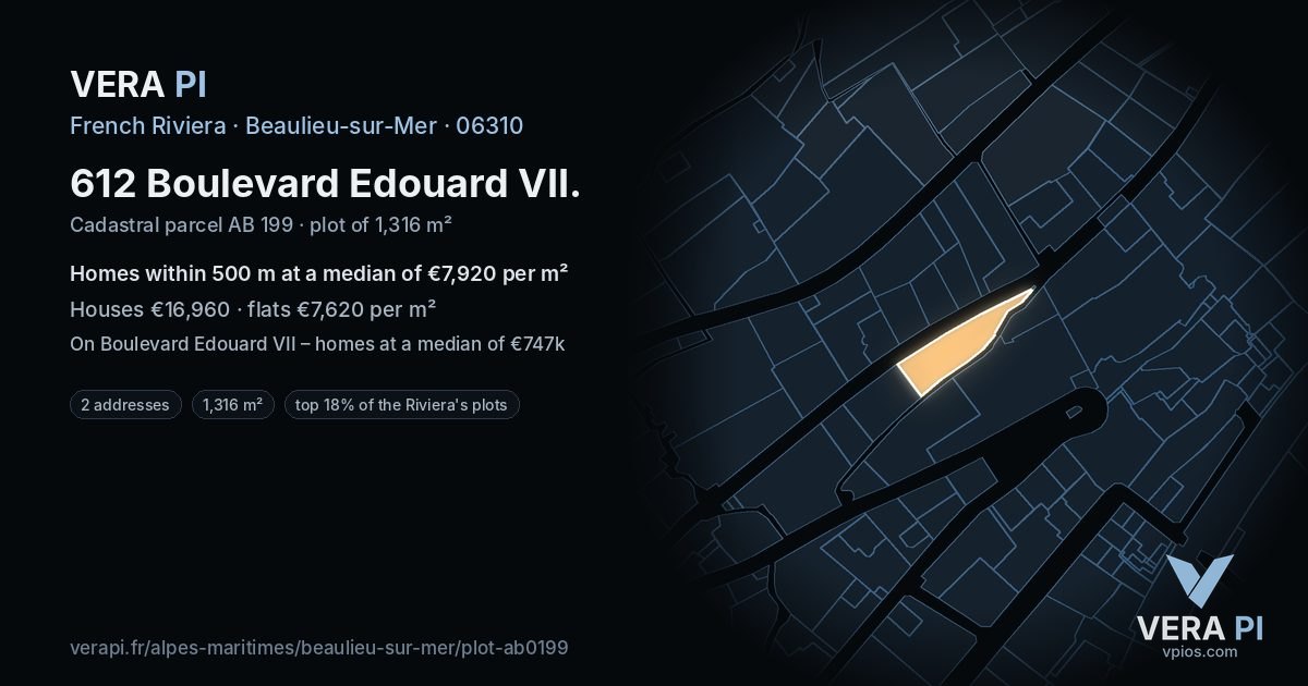 612 Boulevard Edouard VII, Beaulieu-sur-Mer at night – the plot lit, the parcels around coloured by the prices near them