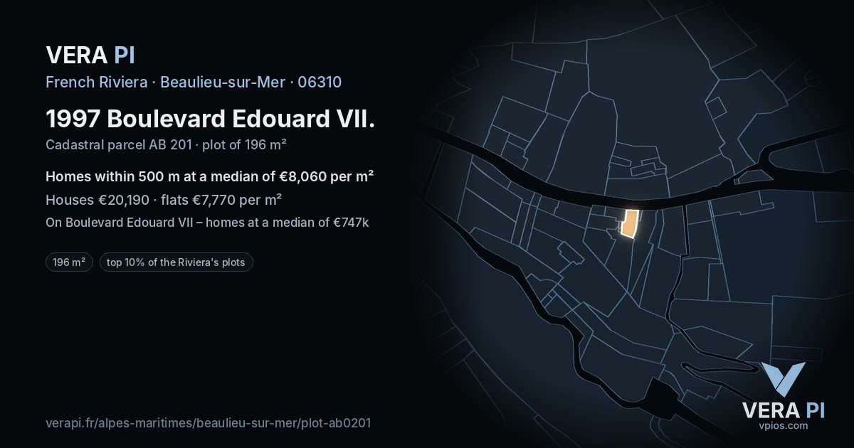 1997 Boulevard Edouard VII, Beaulieu-sur-Mer at night – the plot lit, the parcels around coloured by the prices near them