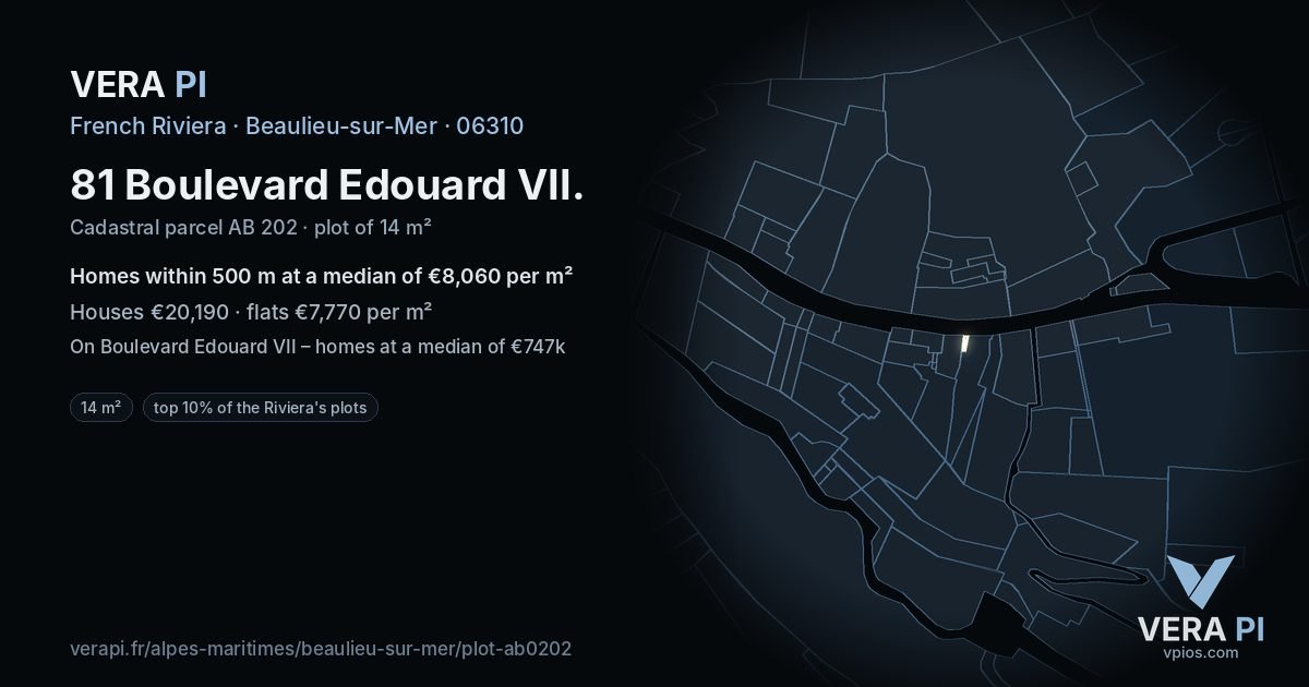 81 Boulevard Edouard VII, Beaulieu-sur-Mer at night – the plot lit, the parcels around coloured by the prices near them