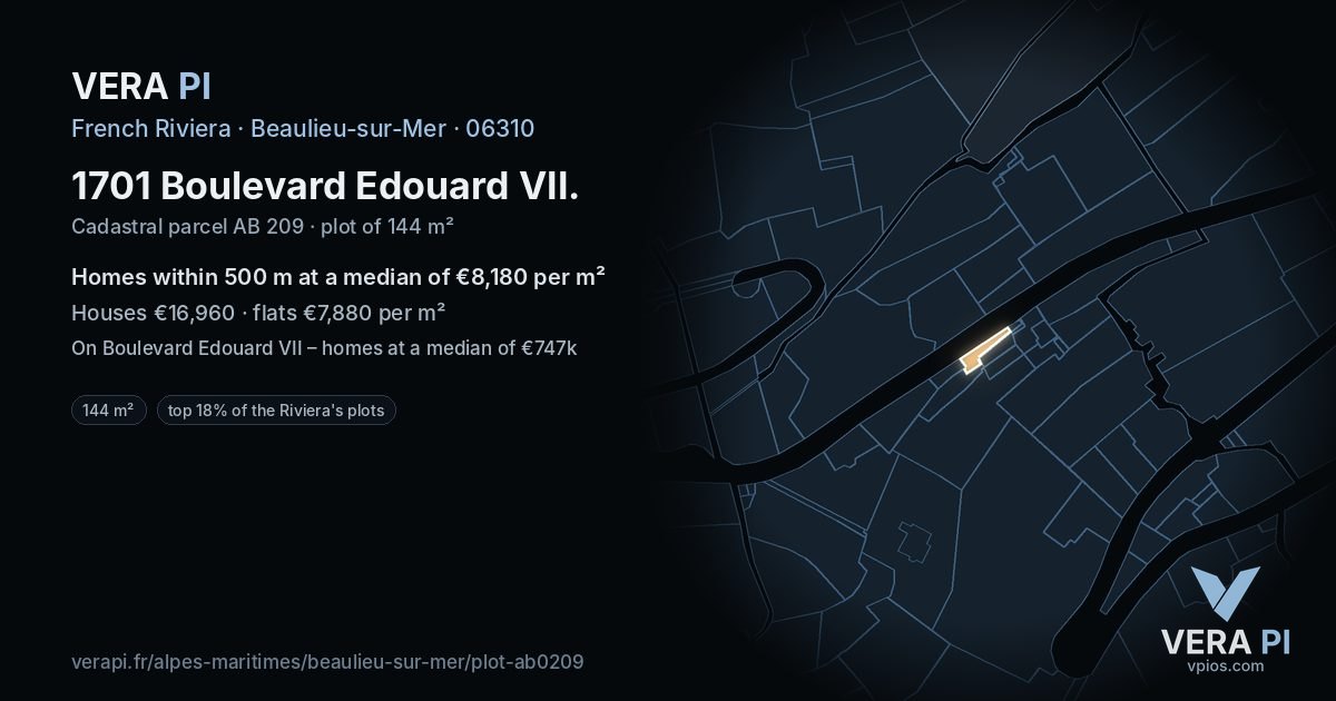 1701 Boulevard Edouard VII, Beaulieu-sur-Mer at night – the plot lit, the parcels around coloured by the prices near them