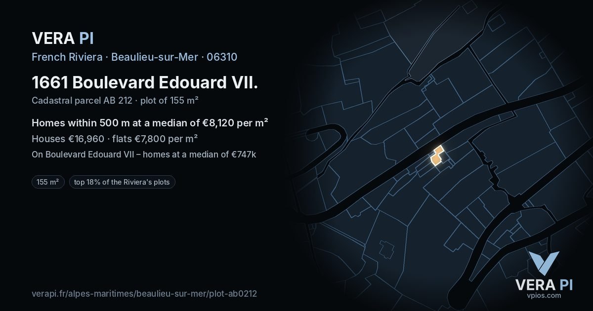 1661 Boulevard Edouard VII, Beaulieu-sur-Mer at night – the plot lit, the parcels around coloured by the prices near them