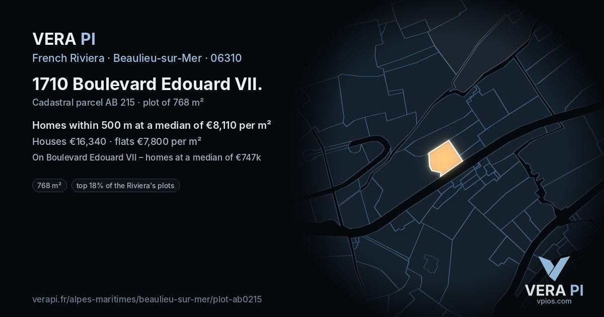 1710 Boulevard Edouard VII, Beaulieu-sur-Mer at night – the plot lit, the parcels around coloured by the prices near them