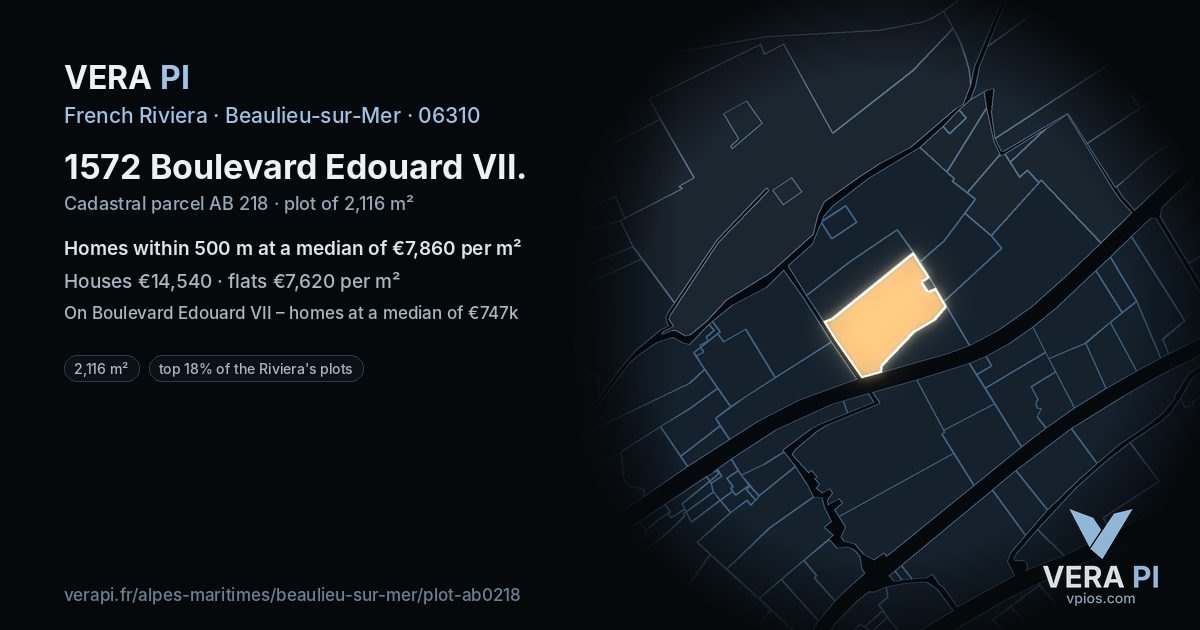 1572 Boulevard Edouard VII, Beaulieu-sur-Mer at night – the plot lit, the parcels around coloured by the prices near them
