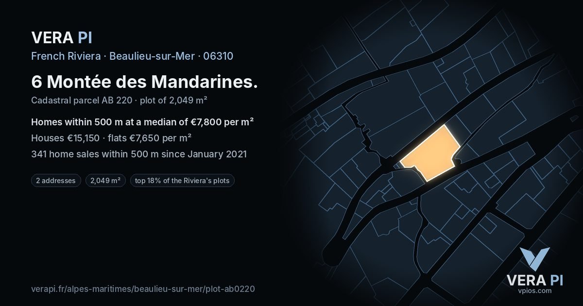 6 Montée des Mandarines, Beaulieu-sur-Mer at night – the plot lit, the parcels around coloured by the prices near them