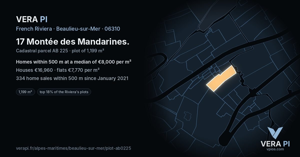 17 Montée des Mandarines, Beaulieu-sur-Mer at night – the plot lit, the parcels around coloured by the prices near them