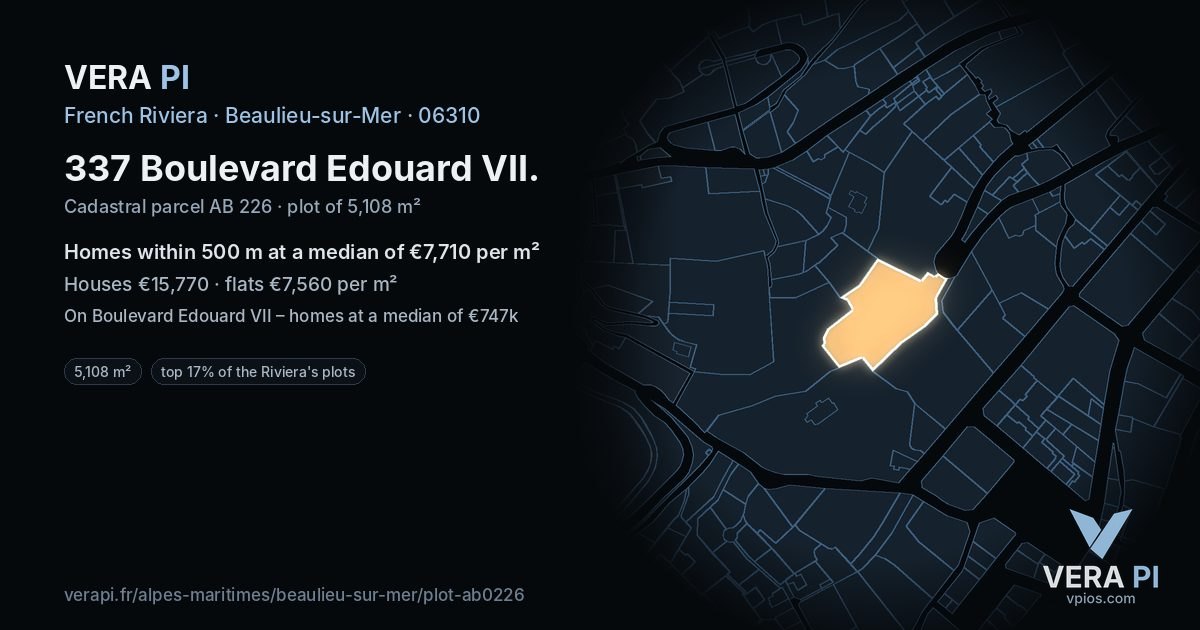 337 Boulevard Edouard VII, Beaulieu-sur-Mer at night – the plot lit, the parcels around coloured by the prices near them