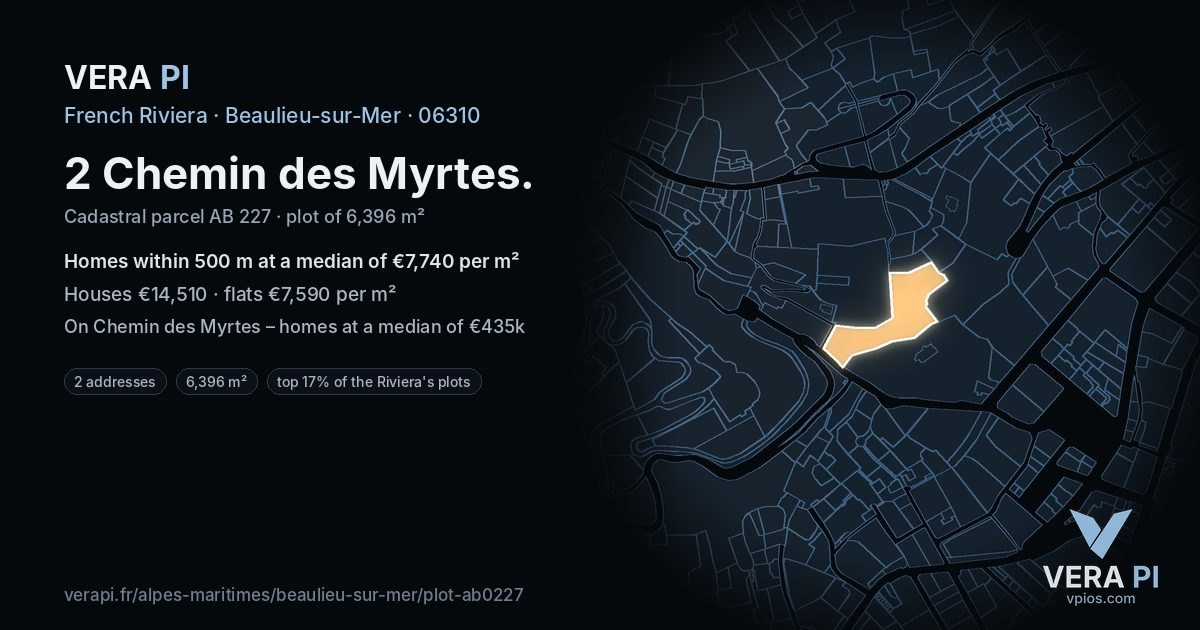 2 Chemin des Myrtes, Beaulieu-sur-Mer at night – the plot lit, the parcels around coloured by the prices near them