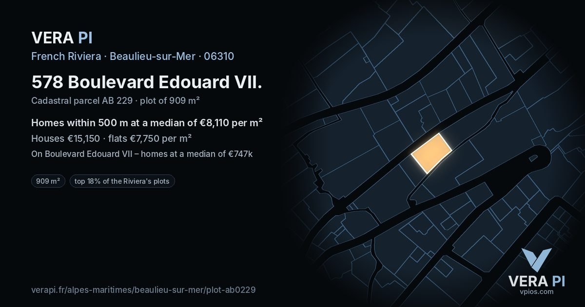 578 Boulevard Edouard VII, Beaulieu-sur-Mer at night – the plot lit, the parcels around coloured by the prices near them