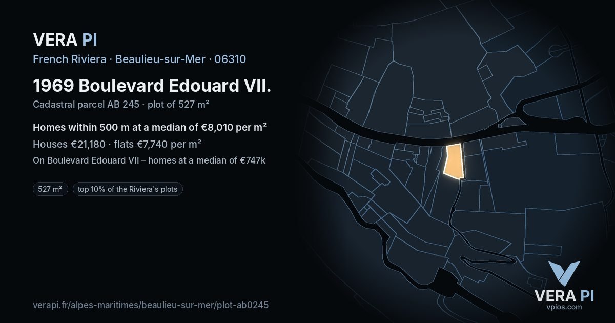 1969 Boulevard Edouard VII, Beaulieu-sur-Mer at night – the plot lit, the parcels around coloured by the prices near them