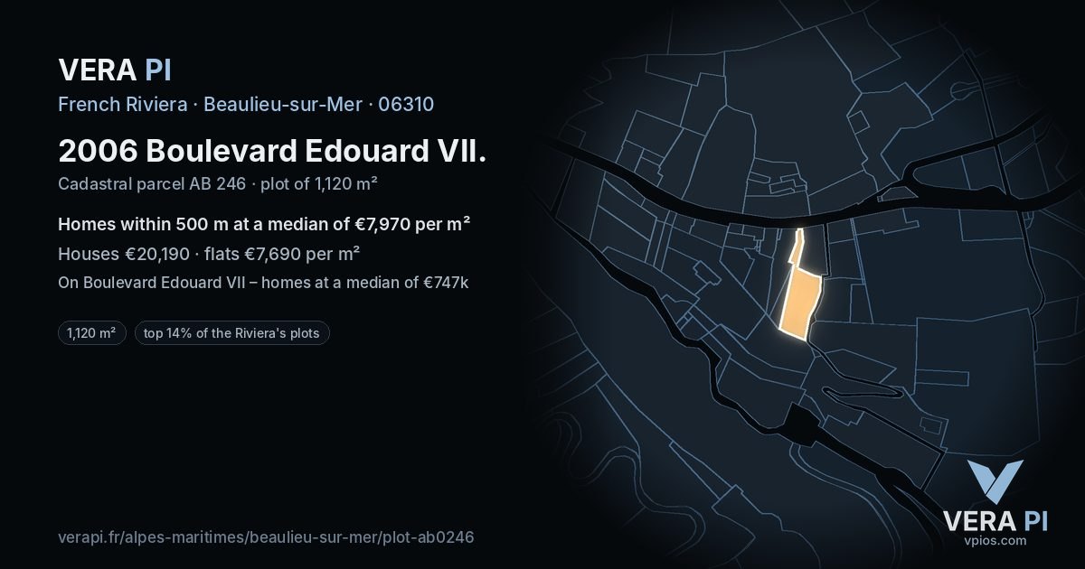2006 Boulevard Edouard VII, Beaulieu-sur-Mer at night – the plot lit, the parcels around coloured by the prices near them