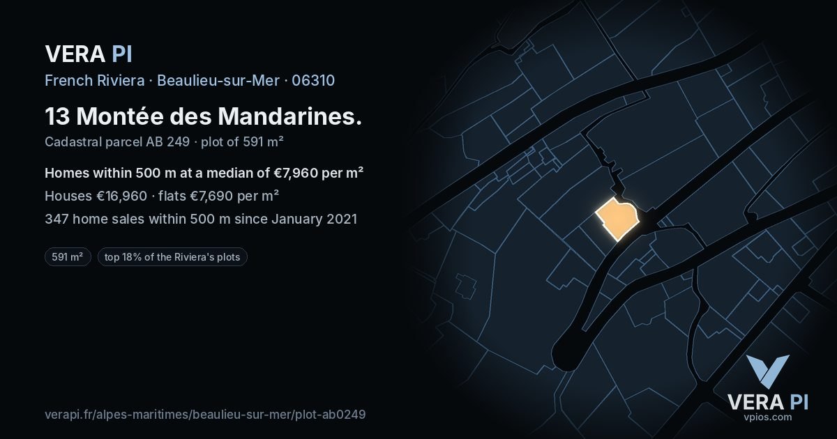 13 Montée des Mandarines, Beaulieu-sur-Mer at night – the plot lit, the parcels around coloured by the prices near them