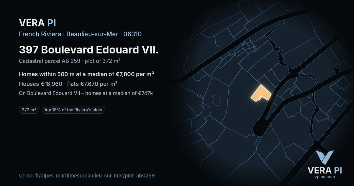 397 Boulevard Edouard VII, Beaulieu-sur-Mer at night – the plot lit, the parcels around coloured by the prices near them
