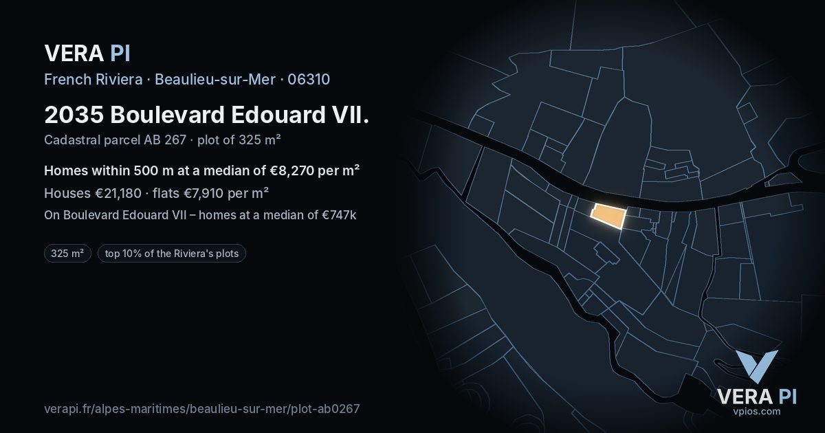 2035 Boulevard Edouard VII, Beaulieu-sur-Mer at night – the plot lit, the parcels around coloured by the prices near them