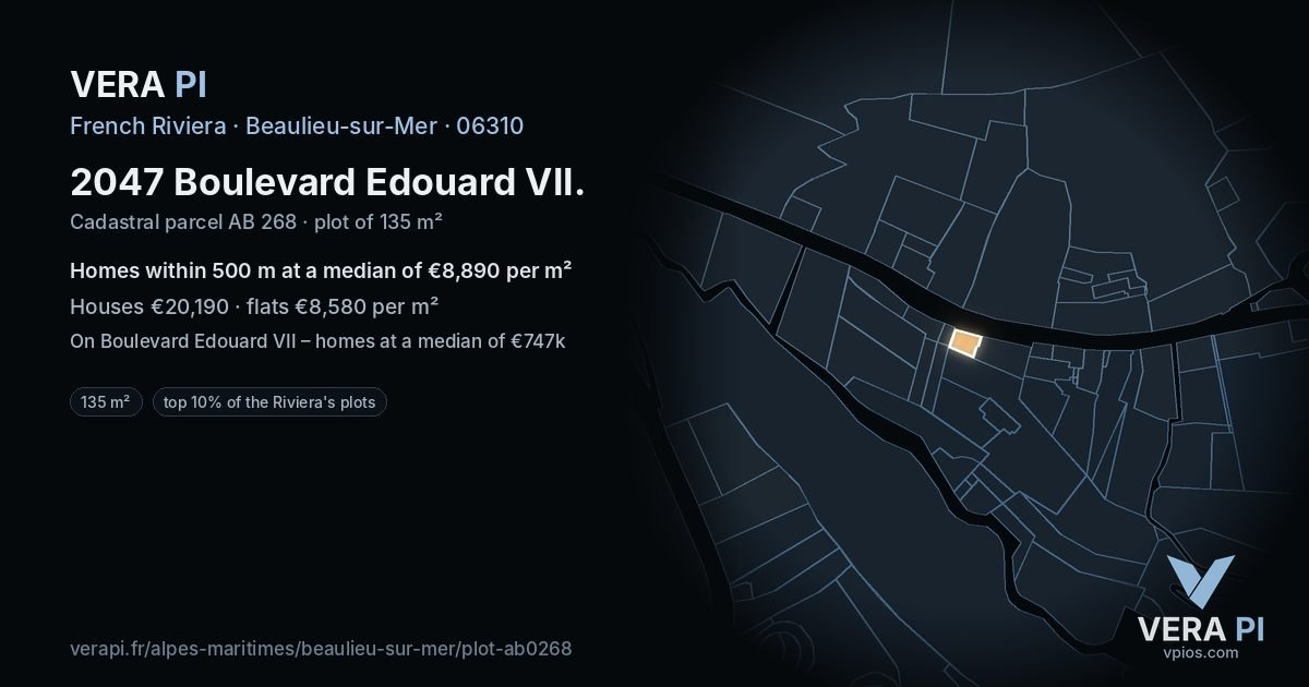 2047 Boulevard Edouard VII, Beaulieu-sur-Mer at night – the plot lit, the parcels around coloured by the prices near them