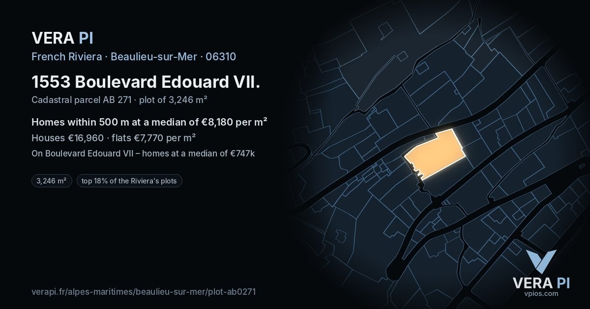 1553 Boulevard Edouard VII, Beaulieu-sur-Mer at night – the plot lit, the parcels around coloured by the prices near them