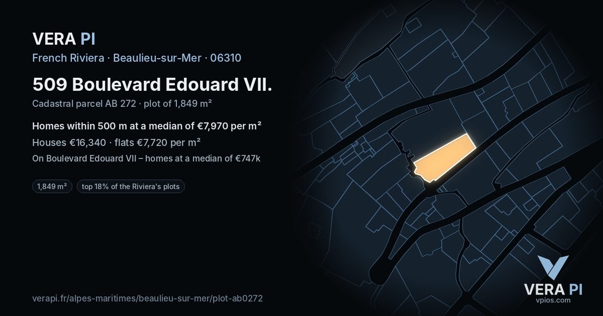 509 Boulevard Edouard VII, Beaulieu-sur-Mer at night – the plot lit, the parcels around coloured by the prices near them