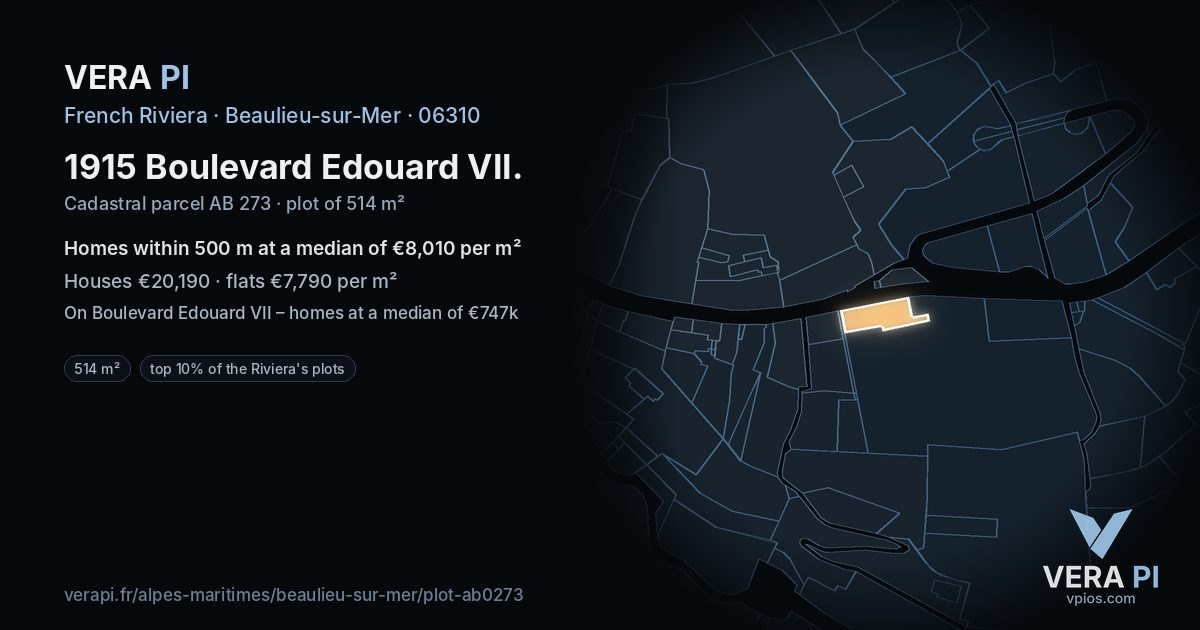 1915 Boulevard Edouard VII, Beaulieu-sur-Mer at night – the plot lit, the parcels around coloured by the prices near them