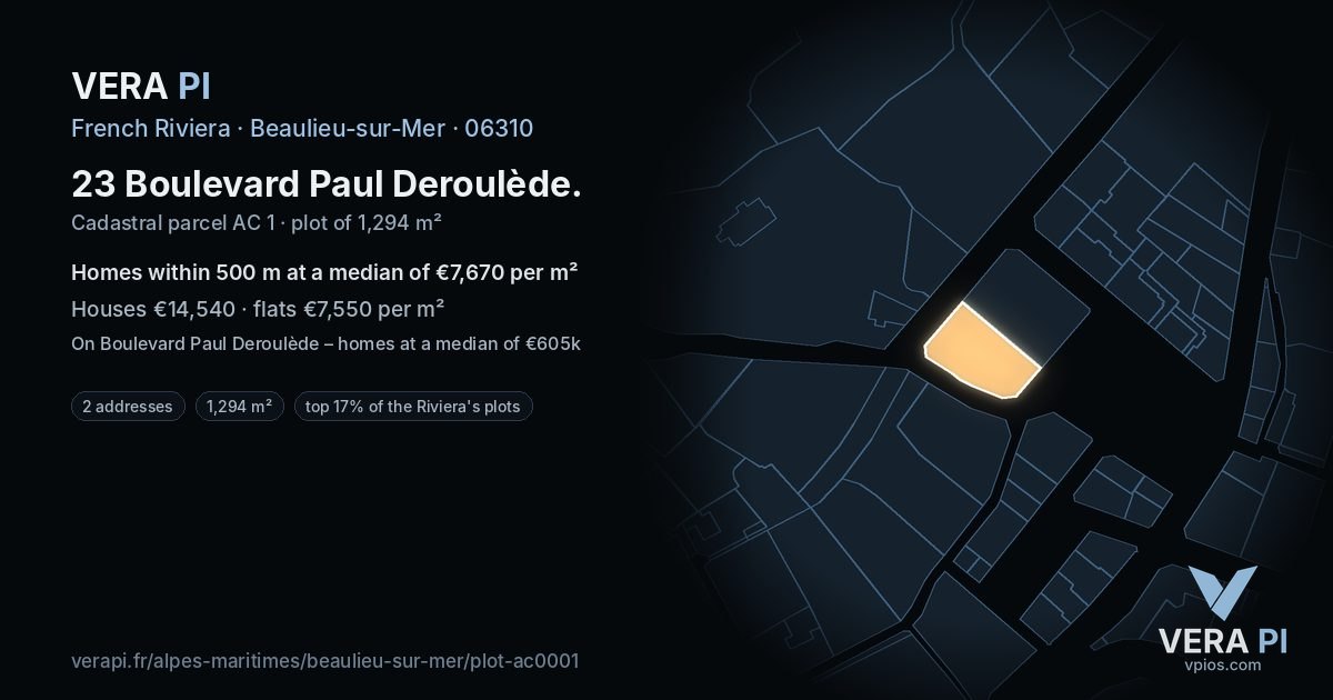23 Boulevard Paul Deroulède, Beaulieu-sur-Mer at night – the plot lit, the parcels around coloured by the prices near them