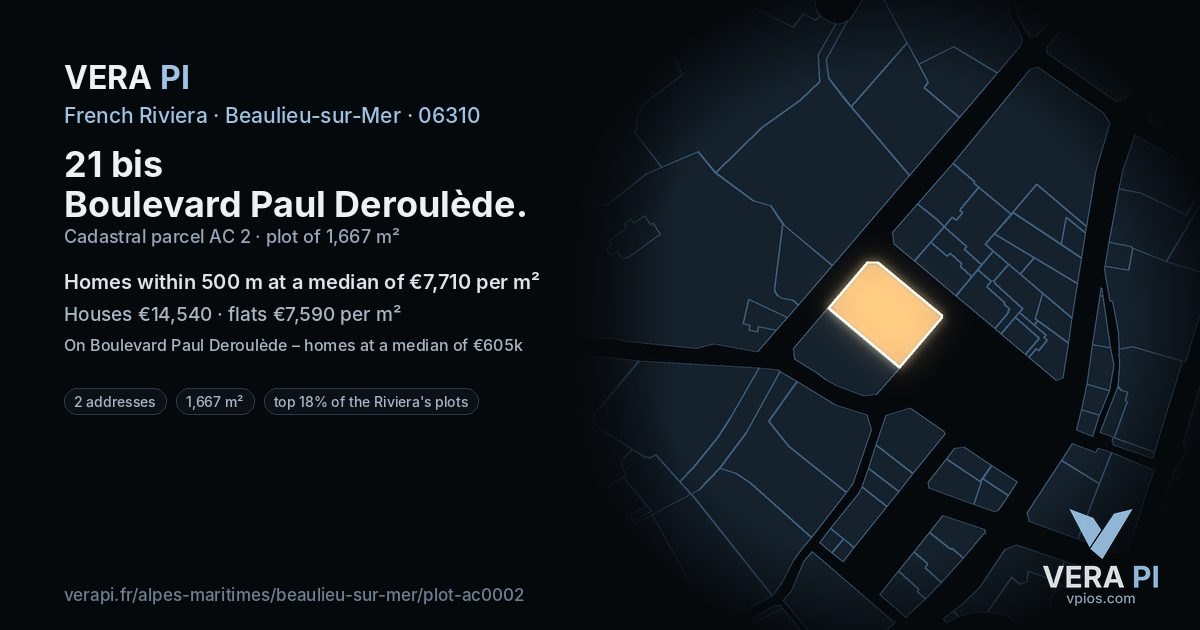 21 bis Boulevard Paul Deroulède, Beaulieu-sur-Mer at night – the plot lit, the parcels around coloured by the prices near them