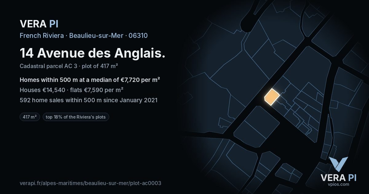 14 Avenue des Anglais, Beaulieu-sur-Mer at night – the plot lit, the parcels around coloured by the prices near them