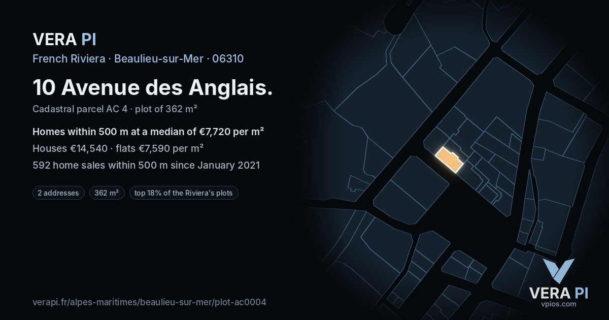 10 Avenue des Anglais, Beaulieu-sur-Mer at night – the plot lit, the parcels around coloured by the prices near them