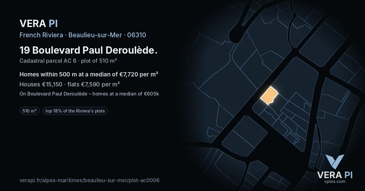 19 Boulevard Paul Deroulède, Beaulieu-sur-Mer at night – the plot lit, the parcels around coloured by the prices near them