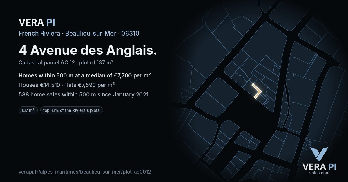 4 Avenue des Anglais, Beaulieu-sur-Mer at night – the plot lit, the parcels around coloured by the prices near them