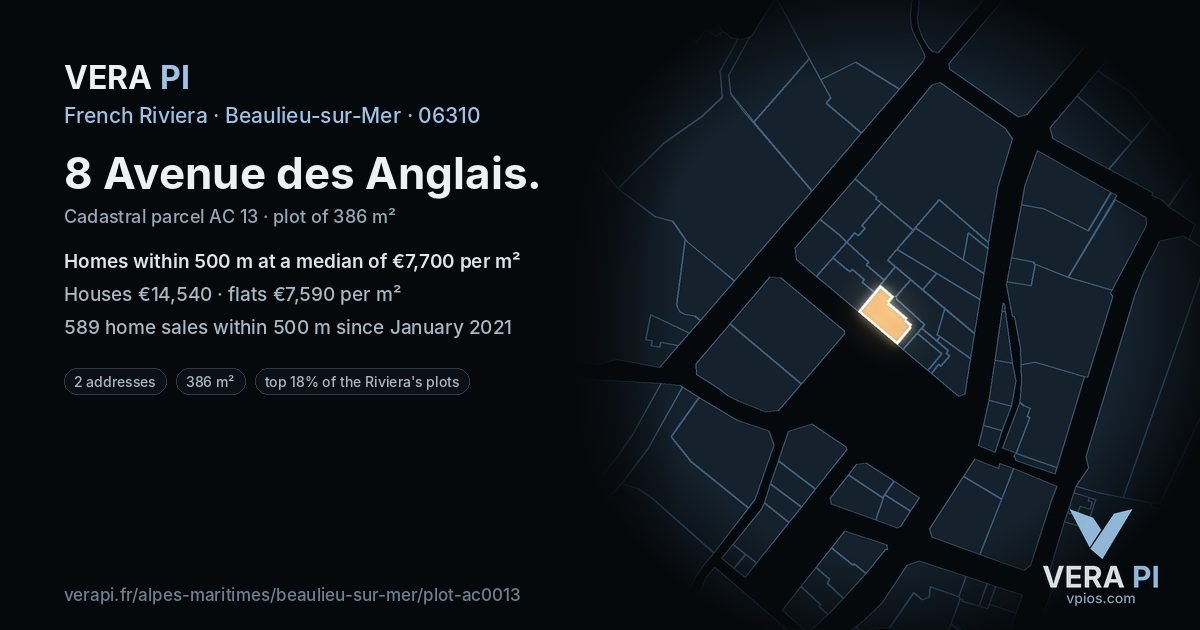 8 Avenue des Anglais, Beaulieu-sur-Mer at night – the plot lit, the parcels around coloured by the prices near them