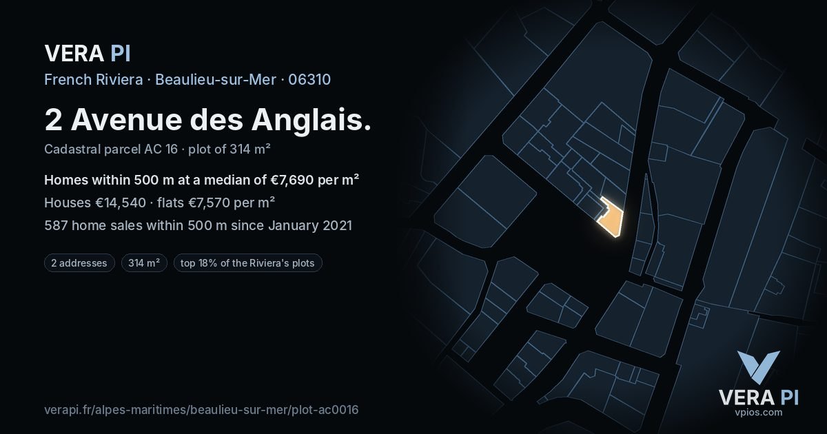 2 Avenue des Anglais, Beaulieu-sur-Mer at night – the plot lit, the parcels around coloured by the prices near them