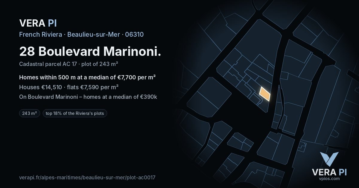 28 Boulevard Marinoni, Beaulieu-sur-Mer at night – the plot lit, the parcels around coloured by the prices near them