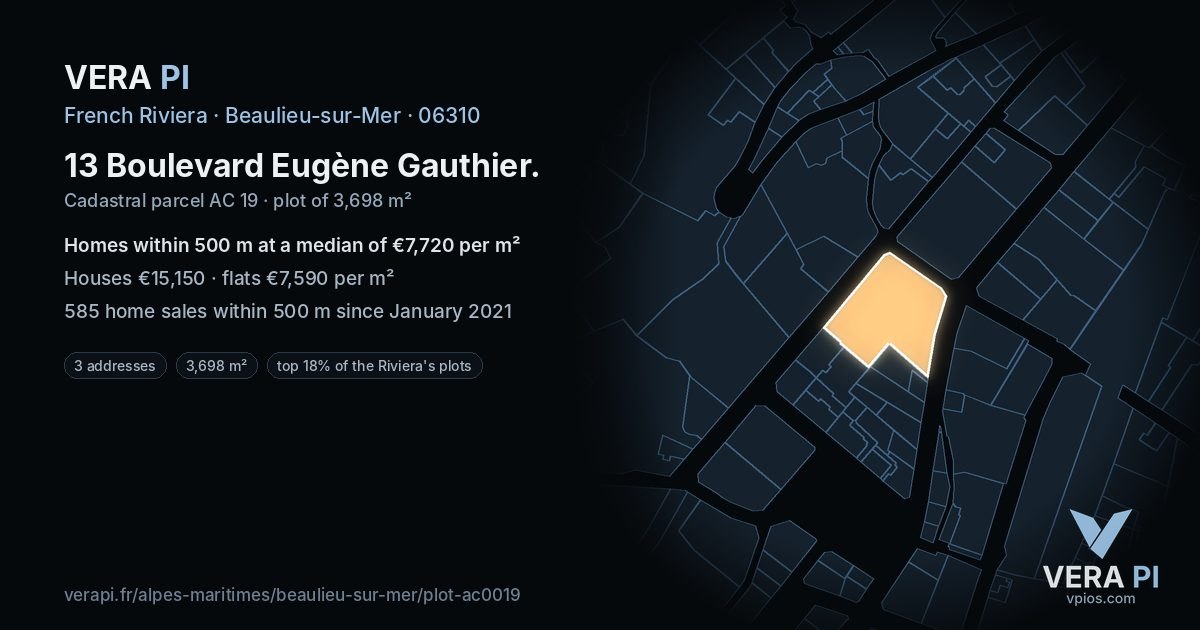 13 Boulevard Eugène Gauthier, Beaulieu-sur-Mer at night – the plot lit, the parcels around coloured by the prices near them