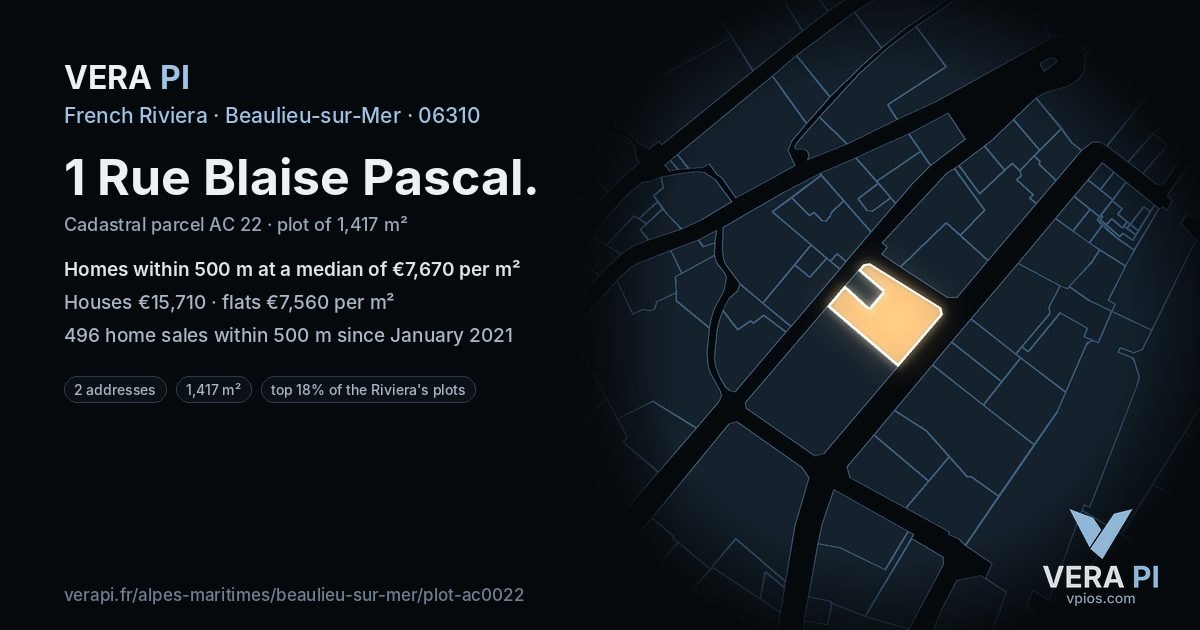1 Rue Blaise Pascal, Beaulieu-sur-Mer at night – the plot lit, the parcels around coloured by the prices near them