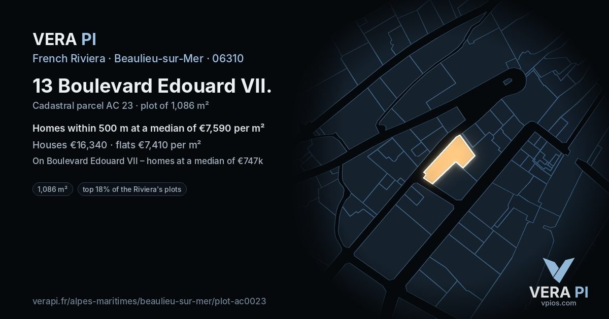 13 Boulevard Edouard VII, Beaulieu-sur-Mer at night – the plot lit, the parcels around coloured by the prices near them